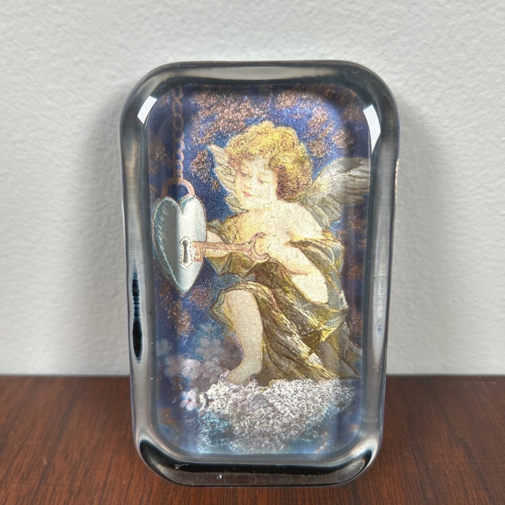 Via Vermont English Glass Paperweight Cherub Angel Heart Key Victorian Blue Gold